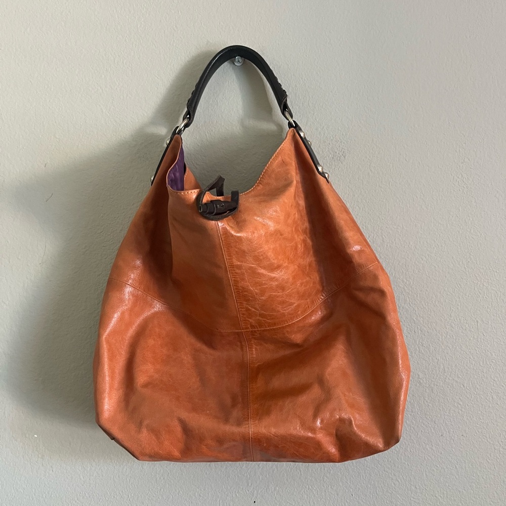 TANO orange chestnut camel large‎ square whipstitch hobo shoulder handbag